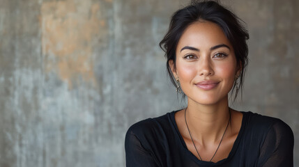 Wall Mural - contemplative Asian woman smiling against textured background