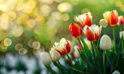 Wall Mural - Vibrant tulips with red and white petals in sunlit garden