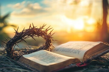 Wall Mural - Christian Cross and open book with a crown of thorns with a sunset scene background. Palm Sunday Concept 