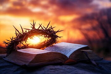 Poster - Christian Cross and open book with a crown of thorns with a sunset scene background. Palm Sunday Concept 