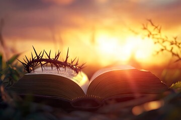 Wall Mural - Christian Cross and open book with a crown of thorns with a sunset scene background. Palm Sunday Concept 
