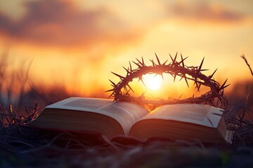 Poster - Christian Cross and open book with a crown of thorns with a sunset scene background. Palm Sunday Concept 