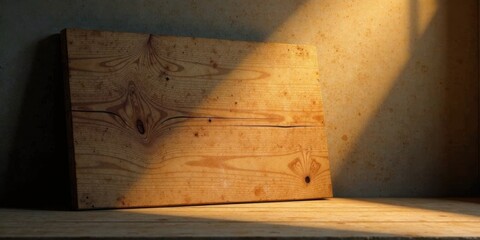 Aufkleber - Rustic Wooden Plank Illuminated by Warm Sunlight on a Simple Surface