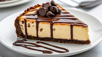 Wall Mural - Delicious slice of chocolate chip cheesecake with drizzled chocolate