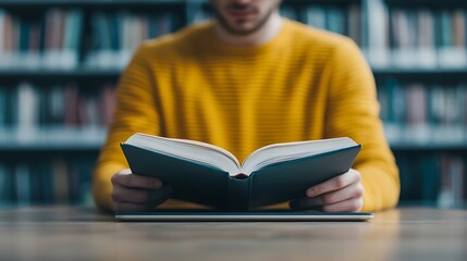 Wall Mural - A person in a yellow sweater reading a book in a library, surrounded by shelves filled with books, creating a focused and studious atmosphere.