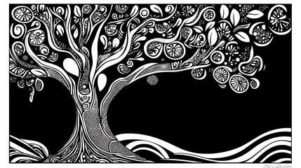 Poster - Abstract tree design, intricate black and white coloring page for creative expression and relaxation