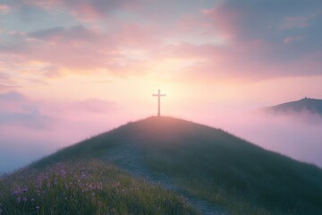 Canvas Print - Christian cross on hill outdoors at sunrise. Resurrection of Jesus. Concept photo. 