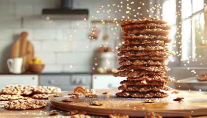 Sticker - A tall stack of homemade oatmeal cookies sits on a wooden table in a kitchen with sugar sprinkles falling around it.