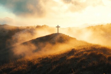 Canvas Print - Christian cross on hill outdoors at sunrise. Resurrection of Jesus. Concept photo. 