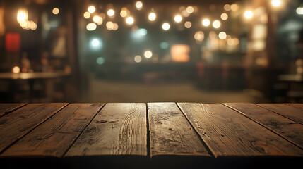 Poster - Empty wooden table top with lights bokeh on blur restaurant background