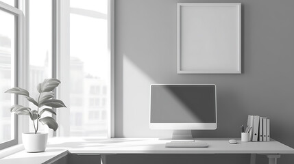 Fototapete - Grey office room interior with desk and computer, panoramic window, mockup frames