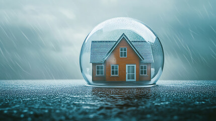 Poster - House covered transparent bubble to protect it from rain and storm, concept of home insurance