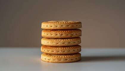 Sticker - A stack of five round, golden-brown cookies on a white table with a grey background.