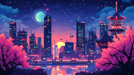 Poster - Night view of a fantasy japanese cityscape with neon lights, skyscrapers, and cherry blossom trees