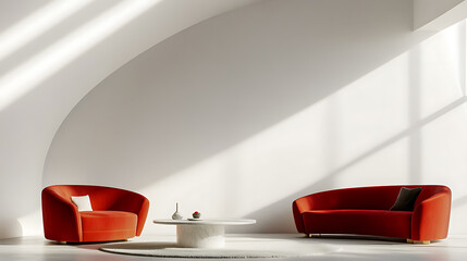 Wall Mural - Red curved sofa and armchair near round coffee table against of white blank wall with copy space, minimalist interior design of modern living room