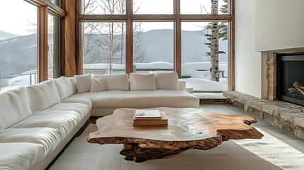 Wall Mural - Rustic live edge coffee table near white corner sofa against window, scandinavian home interior design of modern living room with fireplace