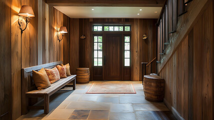 Poster - Rustic interior design of modern entrance hall with wooden paneling and bench