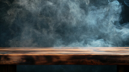 Aufkleber - Smoke rising from empty wooden table on dark background, product display space