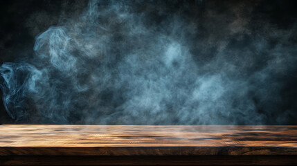 Fototapete - Smoke rising from empty wooden table on dark background, product display space