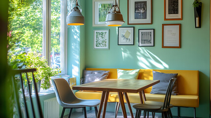 Wall Mural - Sofa and chairs near wooden table against window, scandinavian style interior design of modern dining room with pastel green wall with frames