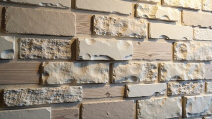 Leinwandbilder - Textured Beige Brick Wall with Wood Accents for Interior Design