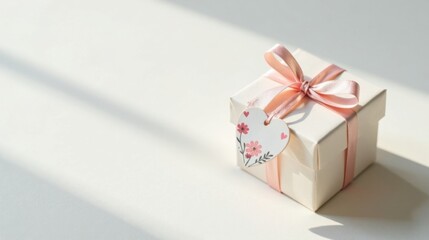 Poster - A delicately wrapped gift box with a pink ribbon and floral heart tag
