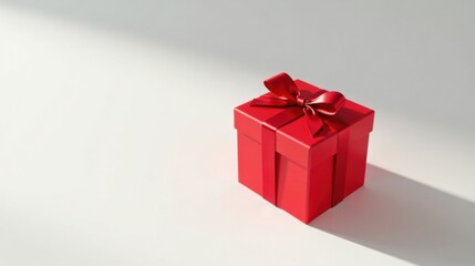 Poster - A vibrant red gift box with a large satin ribbon bow, presented on a light background