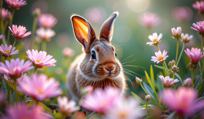 a rabbit sits in a field among flowers