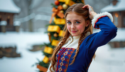 young girl in blue national costume against the backdrop of a New Year tree