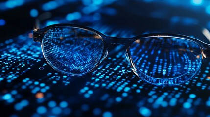 Glowing Binary Code Reflected in Glasses