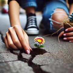 A woman plants a small flower in a cracked sidewalk, a symbol of hope. Close-up of the flower