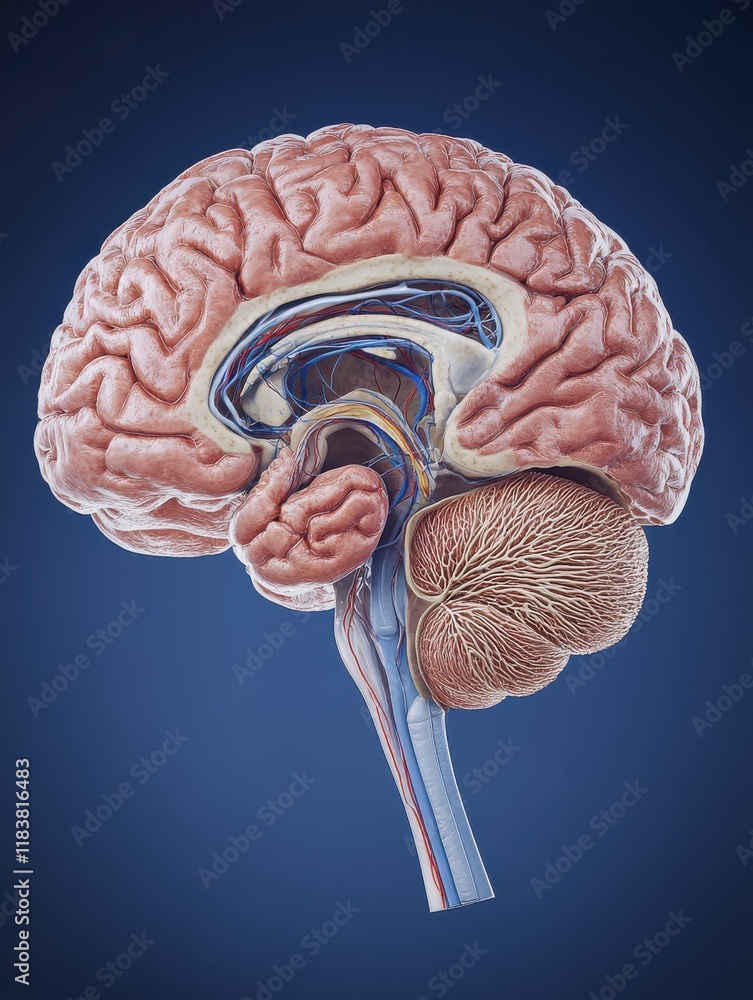 A colorful anatomy illustration showcases the human brain with detailed ...