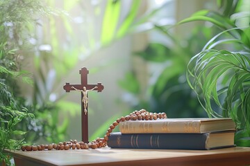 Poster - christian rosary cross, biblical books and willow branches on table, abstract light background. Orthodox palm Sunday, Easter holiday. Symbol of Christianity, Lent, Faith in God, Church. copy space 