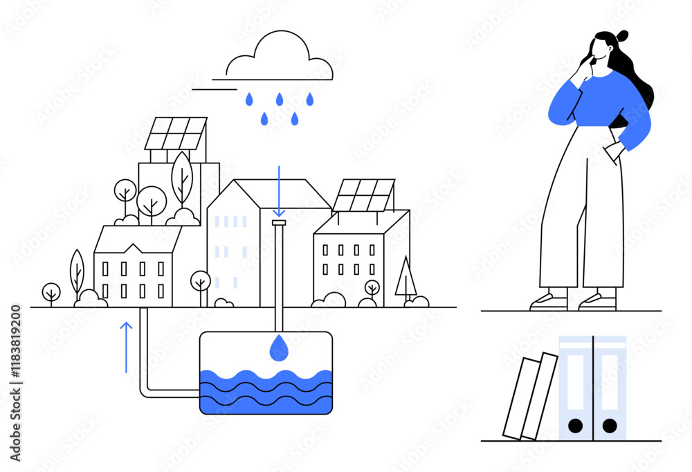 Cloud raining over buildings with solar panels, showing water ...