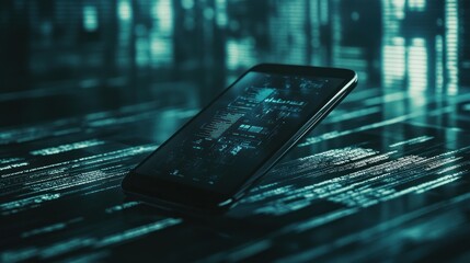 Smartphone displaying digital code on a screen with a technological background