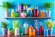 © ChannelPIC - Colorful health & beauty products shine on this vibrant shelf display with plants.