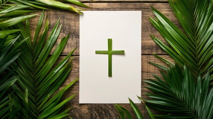 Wall Mural - Closeup view of cross shape of palm leaf and palm branches with white blank paper on wooden background. Palm Sunday concept