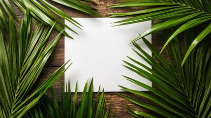 Wall Mural - Closeup view of cross shape of palm leaf and palm branches with white blank paper on wooden background. Palm Sunday concept