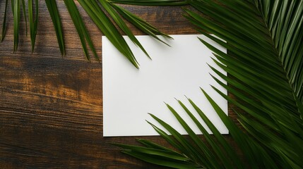 Wall Mural - Closeup view of cross shape of palm leaf and palm branches with white blank paper on wooden background. Palm Sunday concept