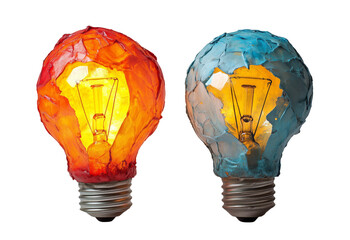 Wall Mural - Two textured light bulbs, one orange and one blue, with visible filaments, are on a transparent background.