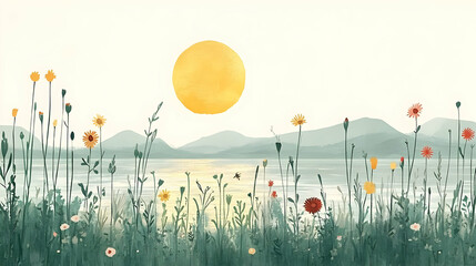 Sticker - Lakeside sunrise, wildflowers, mountains, calm