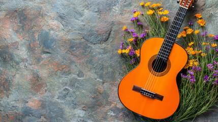 Orange classical guitar rests amidst vibrant wildflowers on a stone surface.