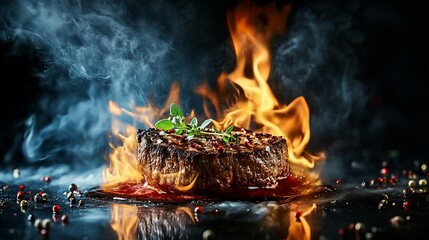 Juicy grilled steak on fire with smoke and spices.