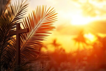 Wall Mural - Cross and palm leaf with sunset scene background. Palm Sunday Concept 