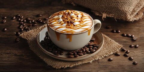 Wall Mural - Caramel coffee with whipped cream in a cup on a rustic wooden table.