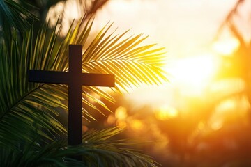 Wall Mural - Cross and palm leaf with sunset scene background. Palm Sunday Concept 
