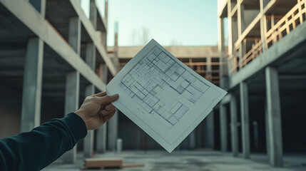 Poster - A closeup image of a hand holding project blueprint, with an industrial concrete building space visible in the background, suggesting a construction or architectural project in progress