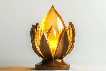 A golden trophy, made of glass and wood with a base, is designed in the shape of an art deco flower