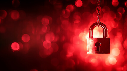Poster - A glowing digital padlock symbolizing cybersecurity, set against a dynamic red bokeh background, depicting the concept of digital security