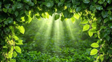 Wall Mural - A photostock of a lush green forest with sunbeams streaming through the canopy, symbolizing peace, renewal, and connection to nature. High Quality